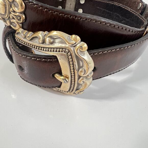 Fossil Brown Leather Belt Western Concho Womens XL Silver Gold 90’s Y2K - Picture 2 of 12